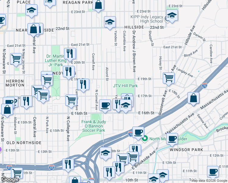 map of restaurants, bars, coffee shops, grocery stores, and more near 1701 Alvord Street in Indianapolis