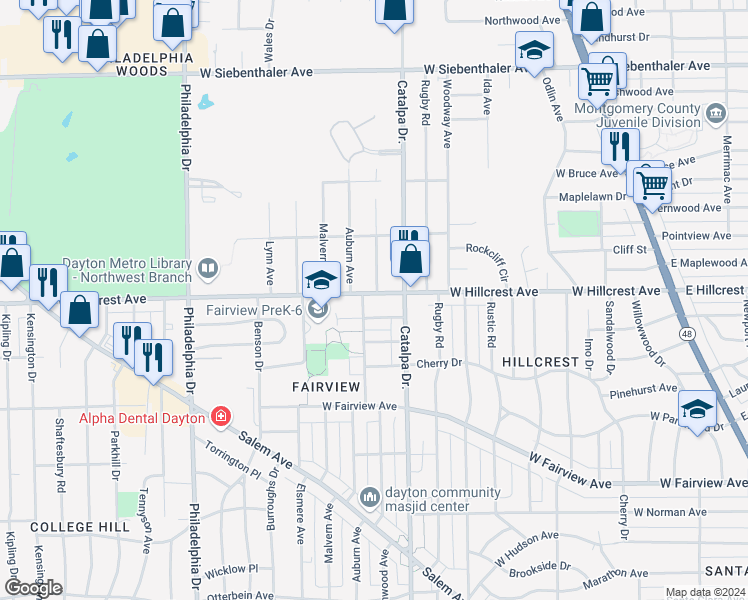 map of restaurants, bars, coffee shops, grocery stores, and more near 806 West Hillcrest Avenue in Dayton