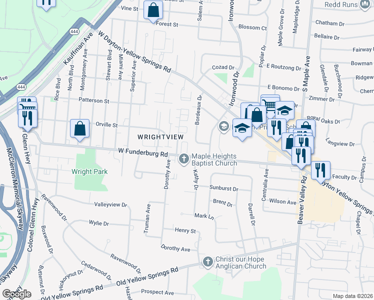 map of restaurants, bars, coffee shops, grocery stores, and more near 147 West Funderburg Road in Fairborn