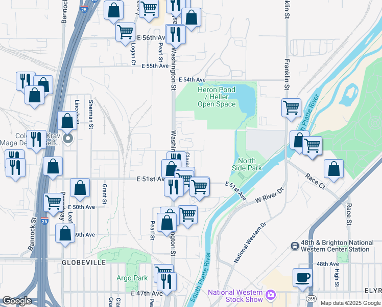 map of restaurants, bars, coffee shops, grocery stores, and more near 5155 Clarkson Street in Denver