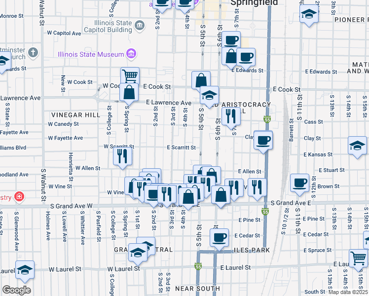 map of restaurants, bars, coffee shops, grocery stores, and more near 1000 South 4th Street in Springfield
