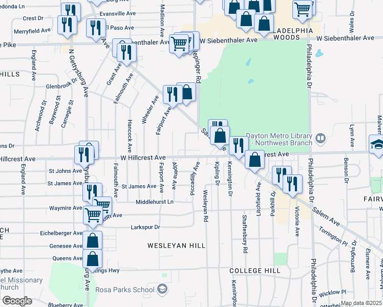 map of restaurants, bars, coffee shops, grocery stores, and more near 3513 West Hillcrest Avenue in Dayton