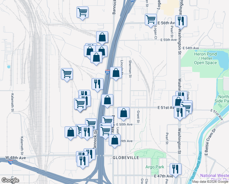 map of restaurants, bars, coffee shops, grocery stores, and more near 5171 Broadway in Denver