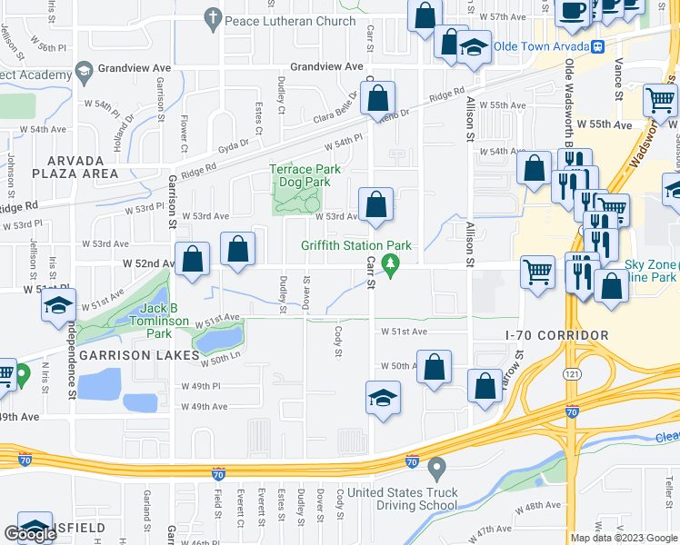 map of restaurants, bars, coffee shops, grocery stores, and more near 8520 West 52nd Avenue in Arvada