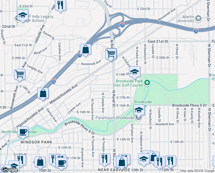 map of restaurants, bars, coffee shops, grocery stores, and more near 2604 Brookway Street in Indianapolis