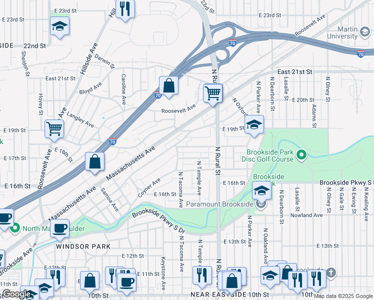 map of restaurants, bars, coffee shops, grocery stores, and more near 2514 Brookway Street in Indianapolis