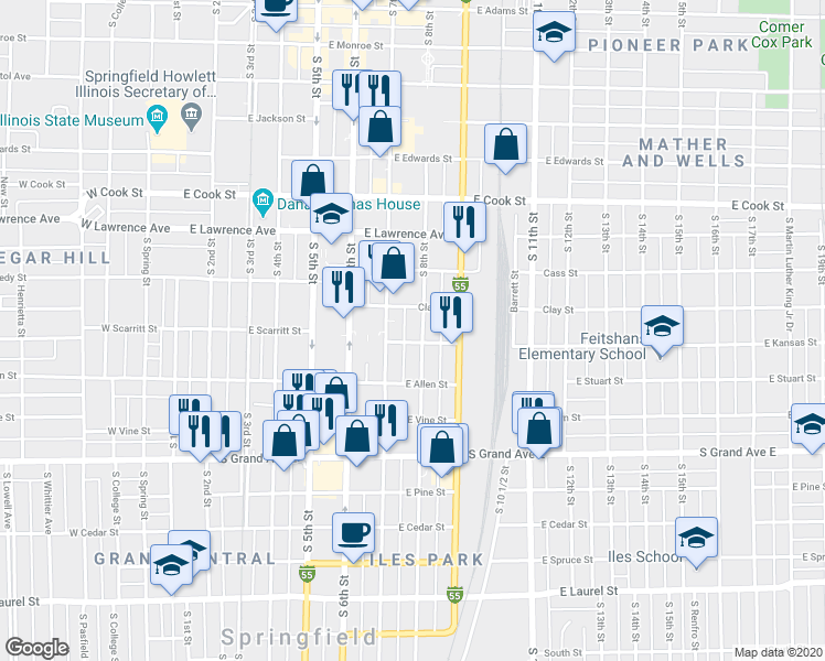 map of restaurants, bars, coffee shops, grocery stores, and more near 1100 South 7th Street in Springfield