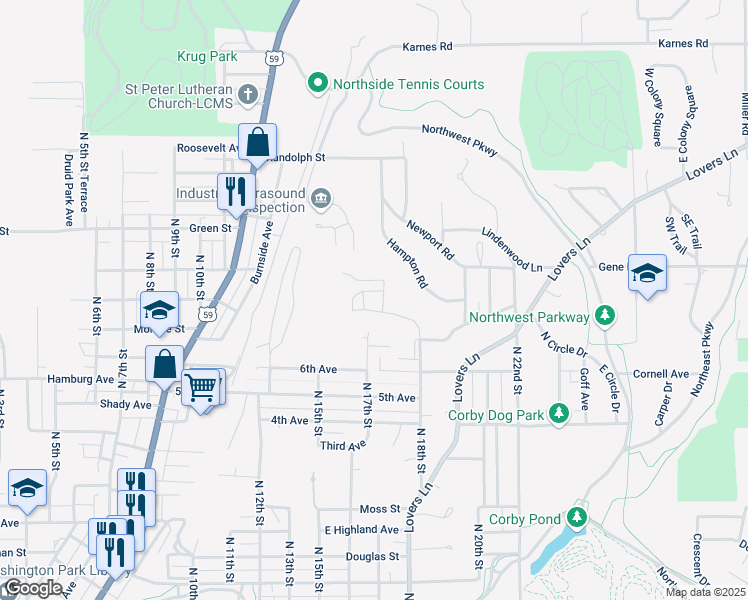 map of restaurants, bars, coffee shops, grocery stores, and more near 3004 North 18th Street in Saint Joseph