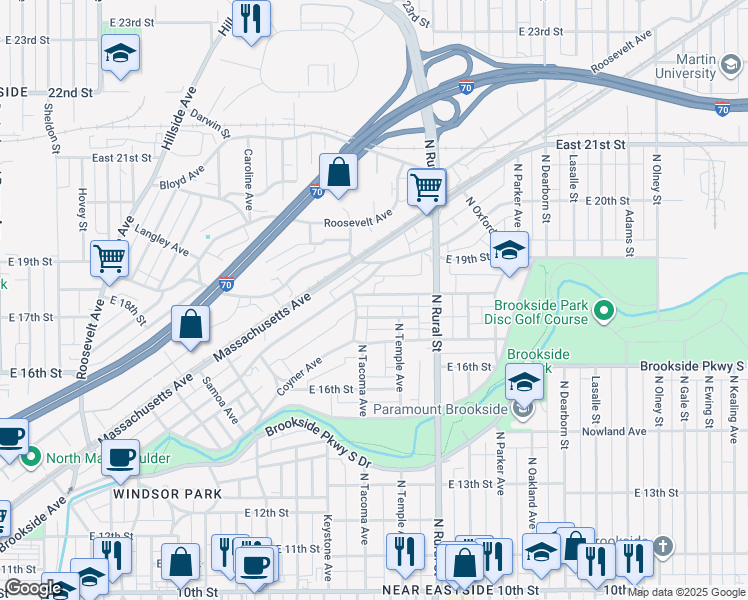 map of restaurants, bars, coffee shops, grocery stores, and more near 2514 Brookway Street in Indianapolis