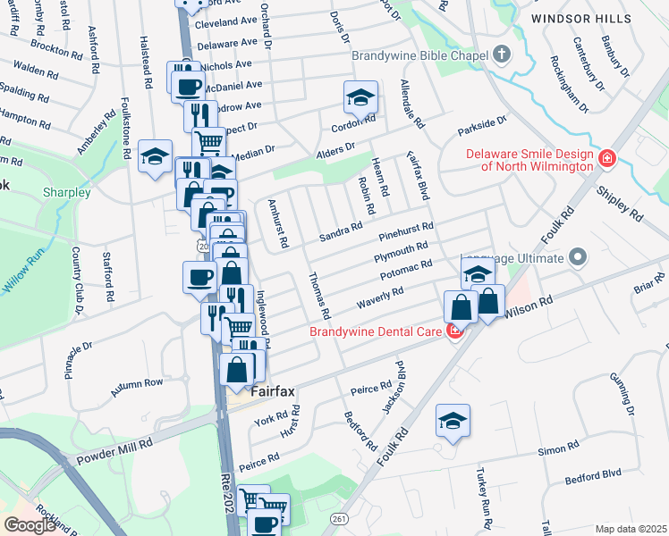 map of restaurants, bars, coffee shops, grocery stores, and more near 213 Potomac Road in Wilmington