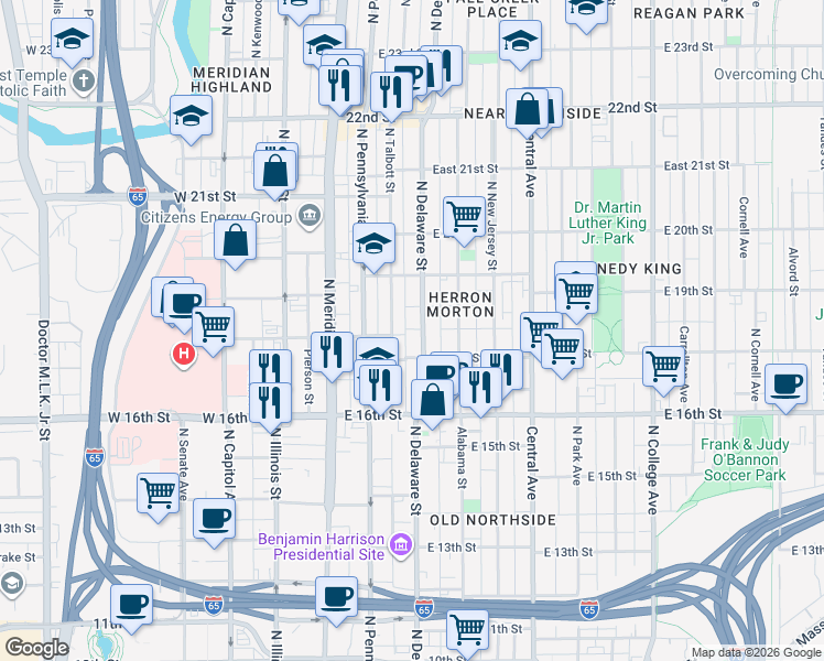 map of restaurants, bars, coffee shops, grocery stores, and more near 1710 North Delaware Street in Indianapolis
