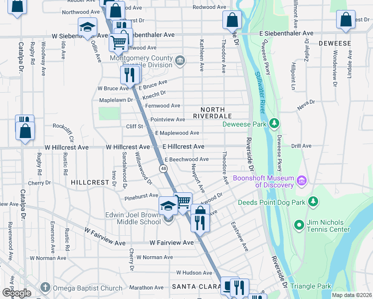 map of restaurants, bars, coffee shops, grocery stores, and more near in Dayton