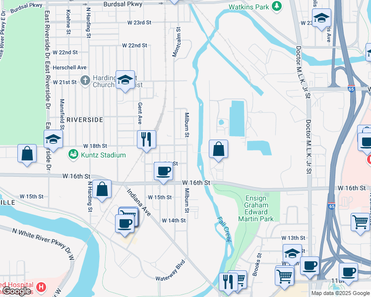 map of restaurants, bars, coffee shops, grocery stores, and more near 1718 Milburn Street in Indianapolis