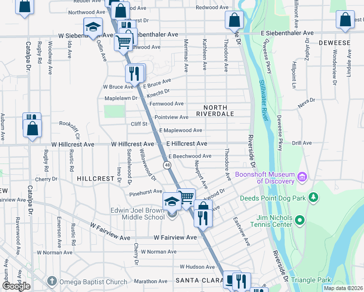 map of restaurants, bars, coffee shops, grocery stores, and more near 25 East Beechwood Avenue in Dayton