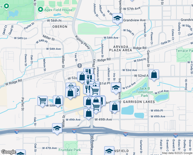 map of restaurants, bars, coffee shops, grocery stores, and more near in Arvada