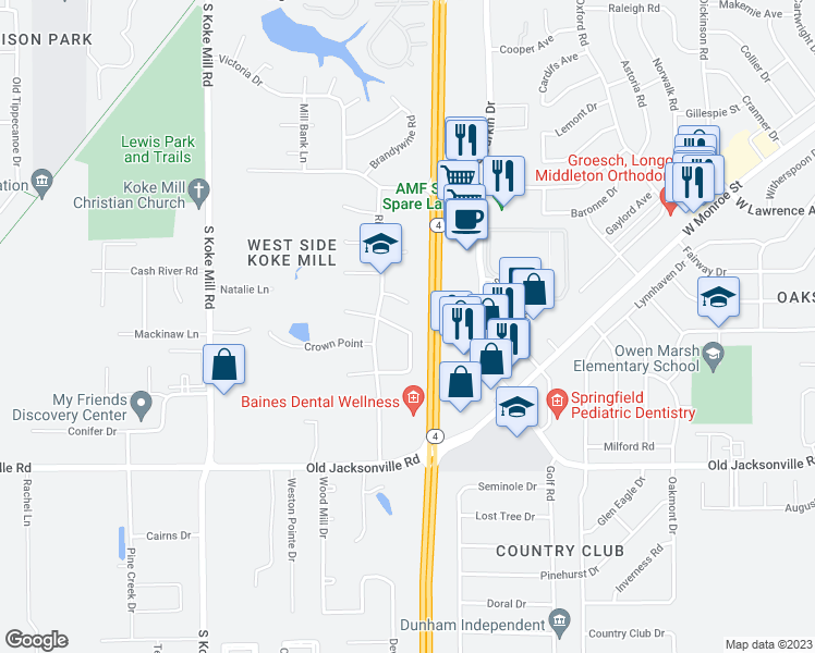 map of restaurants, bars, coffee shops, grocery stores, and more near 2803 Ticonderoga Street in Springfield