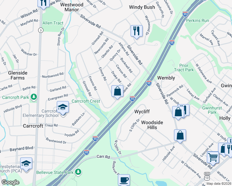 map of restaurants, bars, coffee shops, grocery stores, and more near 1301 Tulane Road in Wilmington