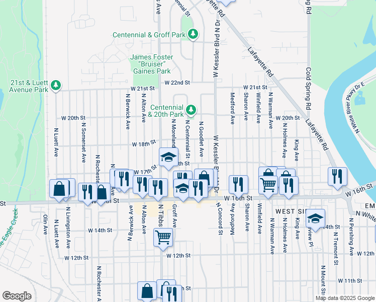 map of restaurants, bars, coffee shops, grocery stores, and more near 3310 West 18th Street in Indianapolis