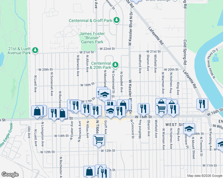 map of restaurants, bars, coffee shops, grocery stores, and more near 3310 West 18th Street in Indianapolis