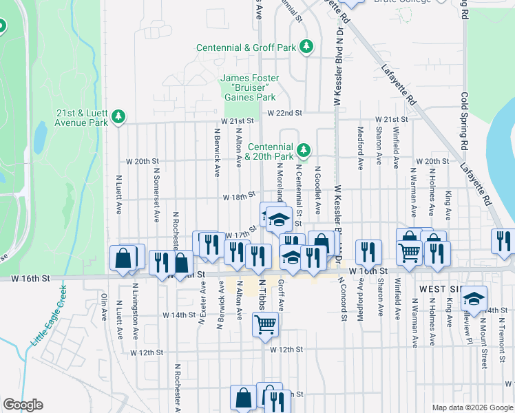 map of restaurants, bars, coffee shops, grocery stores, and more near 1707 North Tibbs Avenue in Indianapolis