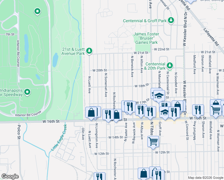 map of restaurants, bars, coffee shops, grocery stores, and more near 1728 North Rochester Avenue in Indianapolis
