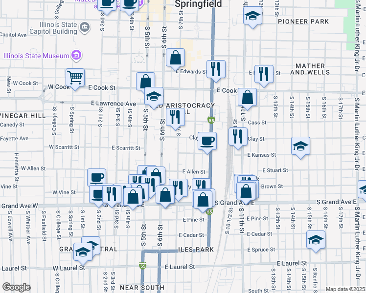 map of restaurants, bars, coffee shops, grocery stores, and more near 1100 South 7th Street in Springfield