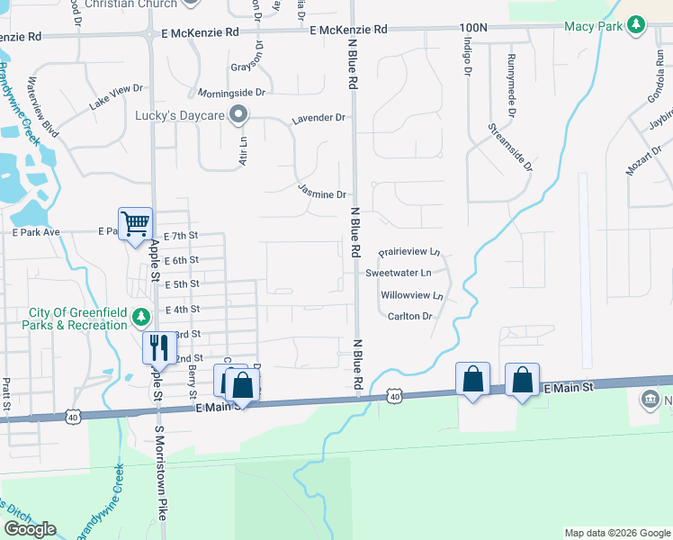 map of restaurants, bars, coffee shops, grocery stores, and more near 346 North Blue Road in Greenfield