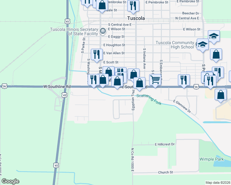 map of restaurants, bars, coffee shops, grocery stores, and more near 546 Southland Circle Drive in Tuscola