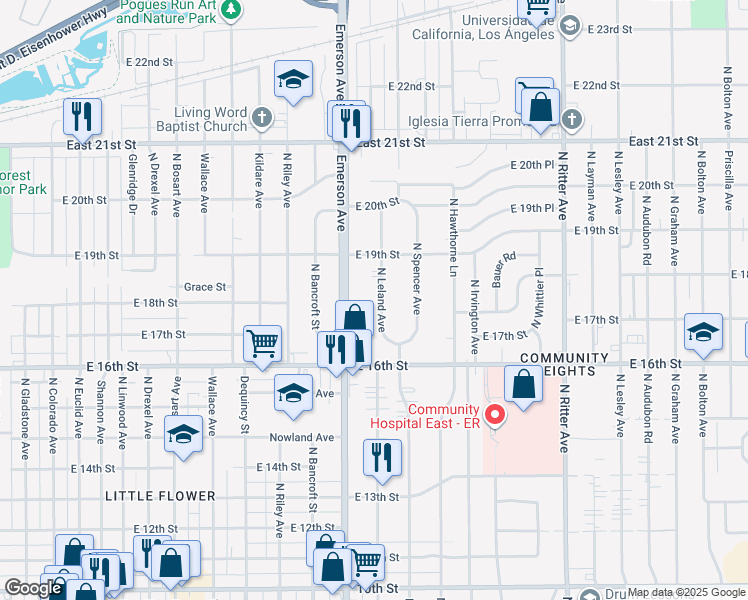 map of restaurants, bars, coffee shops, grocery stores, and more near 1728 North Leland Avenue in Indianapolis