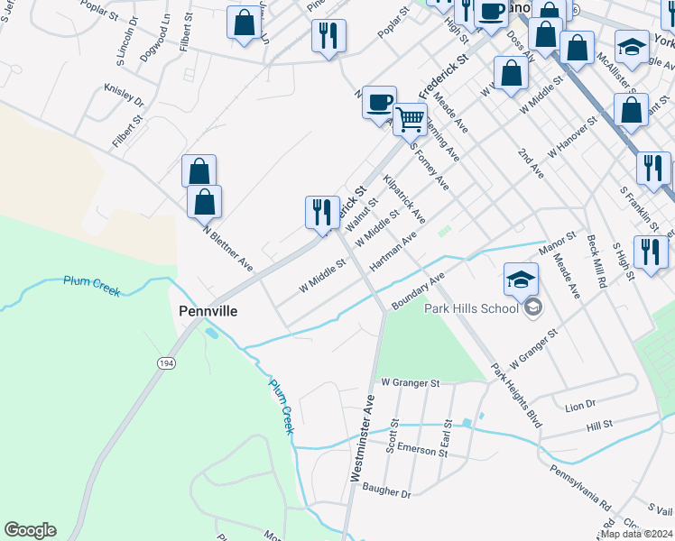 map of restaurants, bars, coffee shops, grocery stores, and more near 802 West Middle Street in Hanover