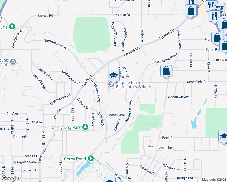 map of restaurants, bars, coffee shops, grocery stores, and more near 2602 Gene Field Road in Saint Joseph