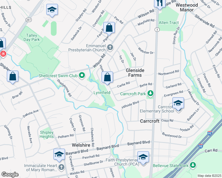 map of restaurants, bars, coffee shops, grocery stores, and more near 4 Carlie Road in Wilmington