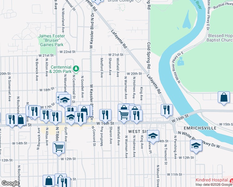map of restaurants, bars, coffee shops, grocery stores, and more near 1828 Winfield Avenue in Indianapolis