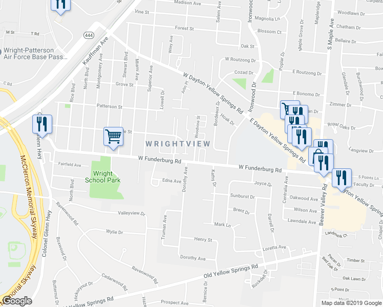 map of restaurants, bars, coffee shops, grocery stores, and more near 165 West Funderburg Road in Fairborn