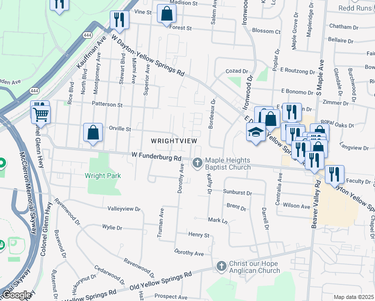 map of restaurants, bars, coffee shops, grocery stores, and more near 165 West Funderburg Road in Fairborn