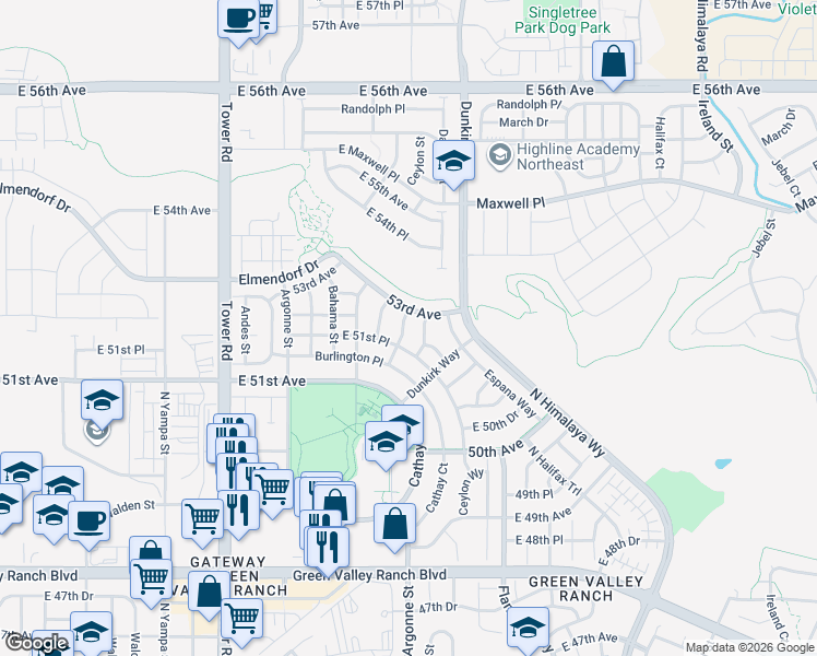 map of restaurants, bars, coffee shops, grocery stores, and more near 5202 Cathay Street in Denver
