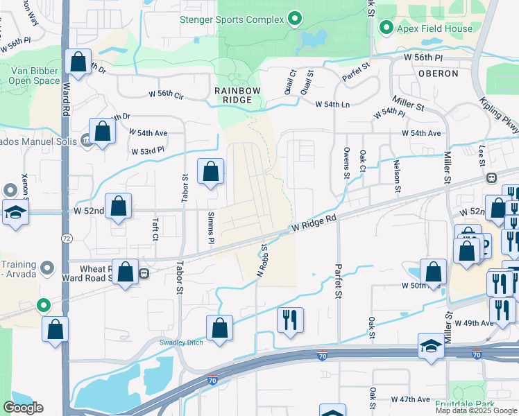 map of restaurants, bars, coffee shops, grocery stores, and more near 11405 Ridge Road in Wheat Ridge