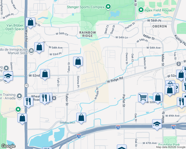 map of restaurants, bars, coffee shops, grocery stores, and more near 11333-11463 West Ridge Road in Arvada