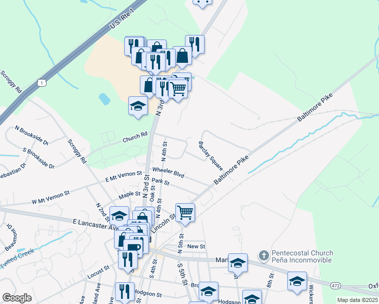 map of restaurants, bars, coffee shops, grocery stores, and more near 447 Wheeler Boulevard in Oxford