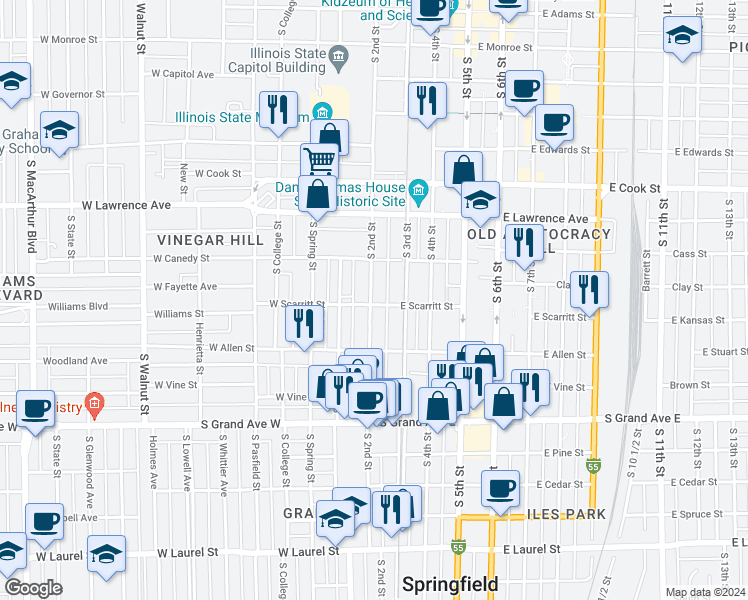 map of restaurants, bars, coffee shops, grocery stores, and more near 1002 South 2nd Street in Springfield