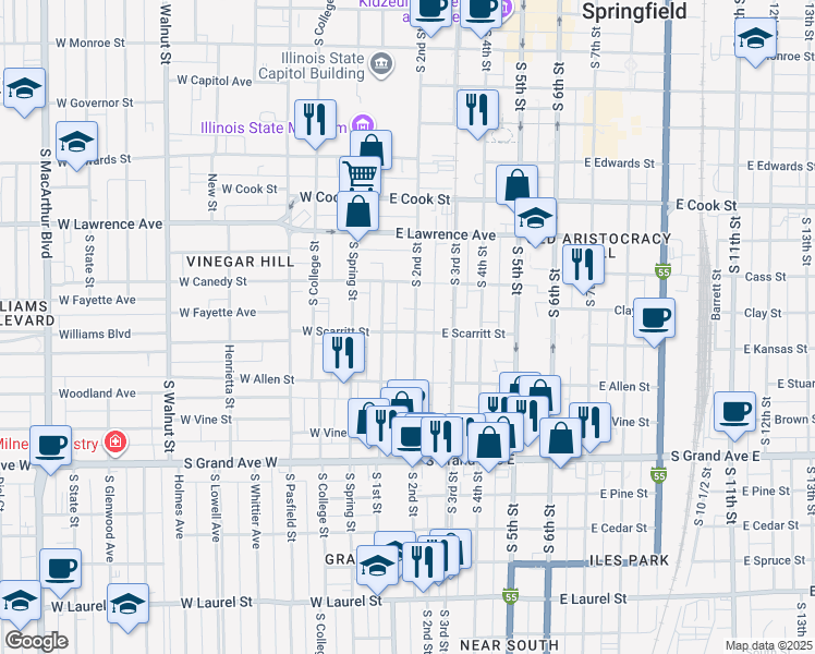 map of restaurants, bars, coffee shops, grocery stores, and more near 1002 South 2nd Street in Springfield