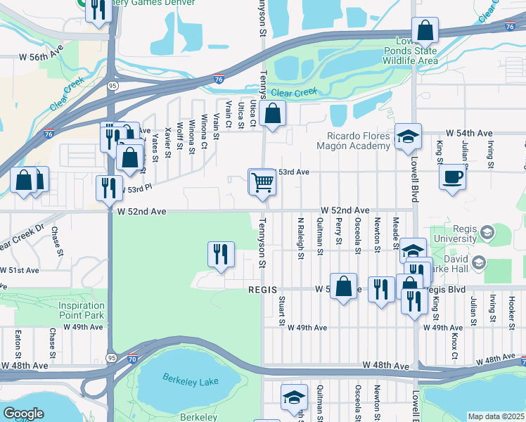 map of restaurants, bars, coffee shops, grocery stores, and more near West 52nd Avenue & Tennyson Street in Denver