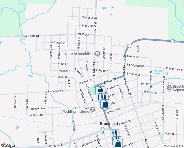 map of restaurants, bars, coffee shops, grocery stores, and more near 100-108 West North Street in Brookfield