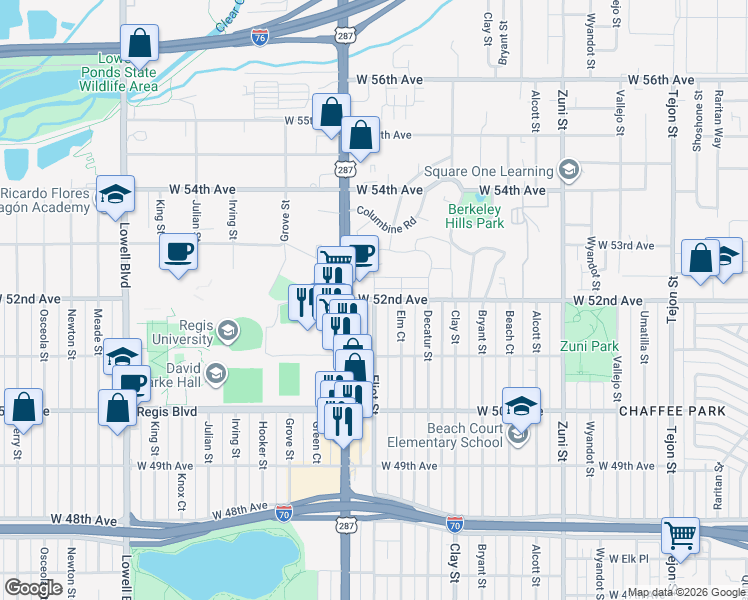 map of restaurants, bars, coffee shops, grocery stores, and more near W 52nd Ave & Eliot St in Denver