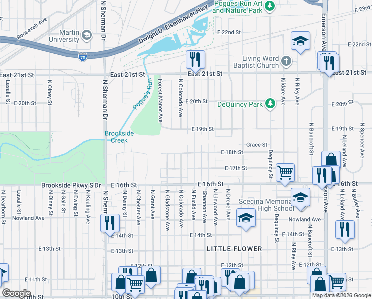 map of restaurants, bars, coffee shops, grocery stores, and more near 4316 East 18th Street in Indianapolis