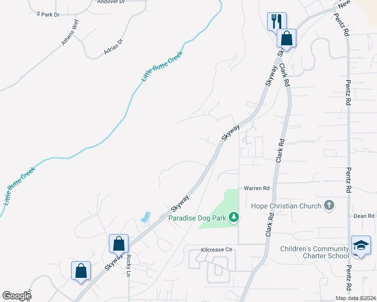 map of restaurants, bars, coffee shops, grocery stores, and more near 1421 Coldren Road in Paradise
