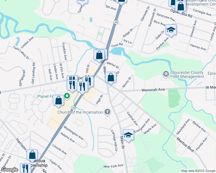 map of restaurants, bars, coffee shops, grocery stores, and more near 53 West Chestnut Street in Clayton