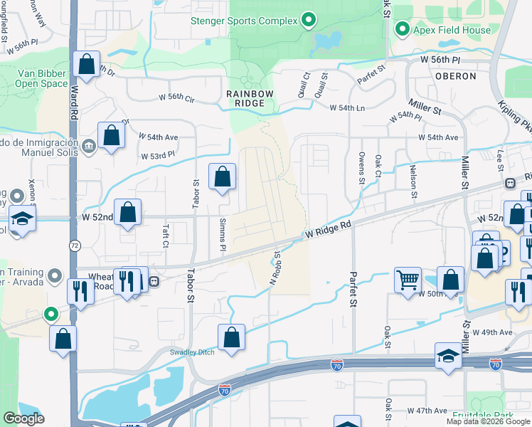 map of restaurants, bars, coffee shops, grocery stores, and more near 11333-11463 West Ridge Road in Arvada