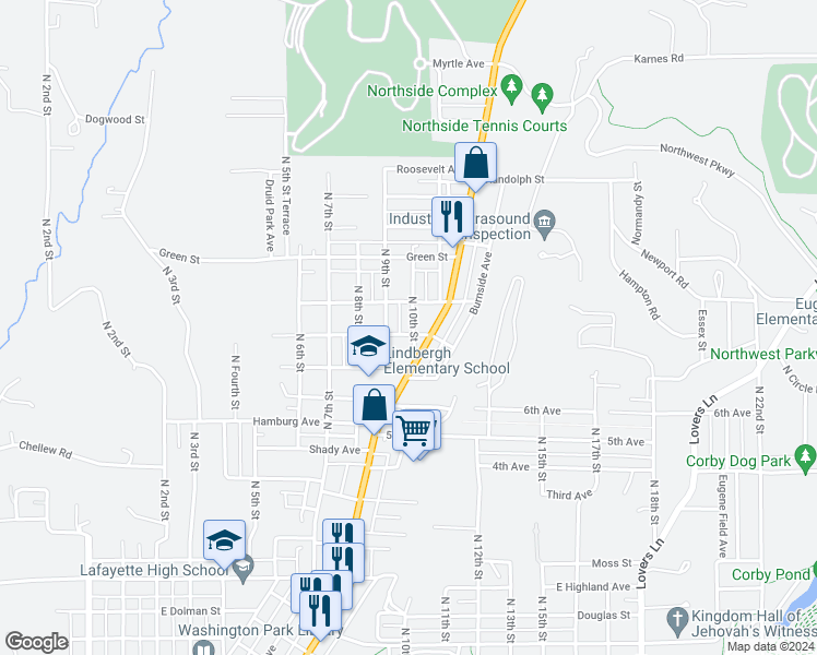 map of restaurants, bars, coffee shops, grocery stores, and more near 3006 North 10th Street in Saint Joseph
