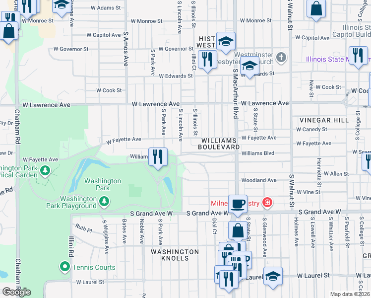 map of restaurants, bars, coffee shops, grocery stores, and more near 950 South Lincoln Avenue in Springfield